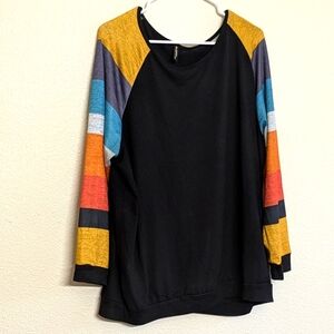 Allegrace Colorful Colorblock Striped Sleeve Black Top Women's Size 20W Wow!